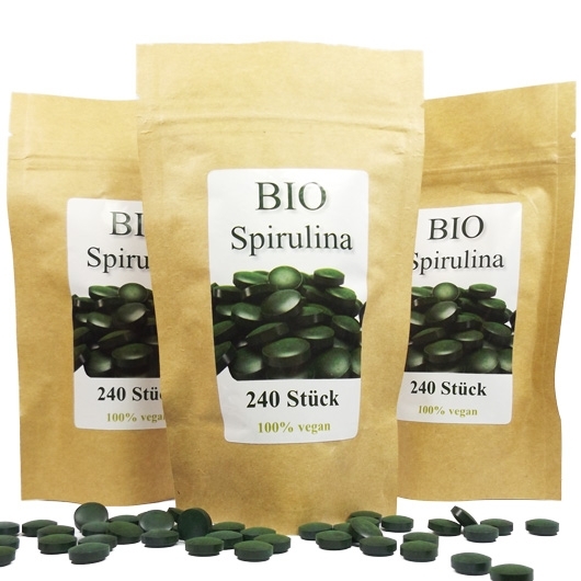 organic Spirulina platensis pills 720 in a resealable bag